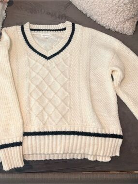 NWOT - Blu Pepper Cable Knit V-Neck Sweater with Navy Stripes